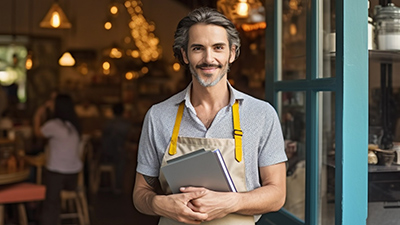 Hombre que trabaja en un restaurante sonriente en la puerta de su local